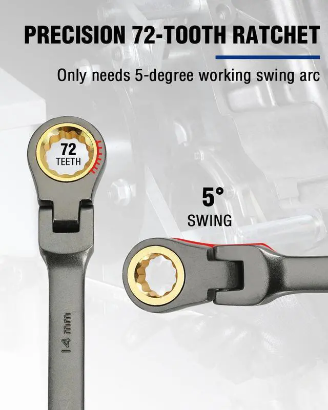Alt view image 6 of 7 - 14 mm Flex-Head Ratcheting Combination Wrench, Nickel Plating | Cr-V Constructed, 72-Teeth, 12 Point Design, Metric, For Home Improvement, Auto Repairs, Plumbing, Constructions, Machinery