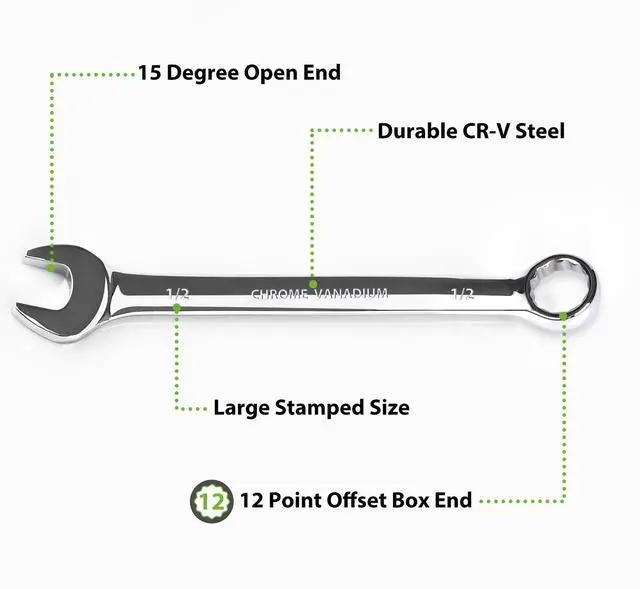Alt view image 2 of 7 - 1/2 Wrench, Industrial Grade Spanner, Combination Wrenches SAE with 12-Point Box End, 15-Degree Offset, 1/2 Wrenches Chrome Vanadium Steel Mirror Polished