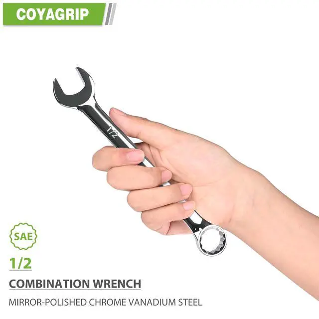 Alt view image 3 of 7 - 1/2 Wrench, Industrial Grade Spanner, Combination Wrenches SAE with 12-Point Box End, 15-Degree Offset, 1/2 Wrenches Chrome Vanadium Steel Mirror Polished