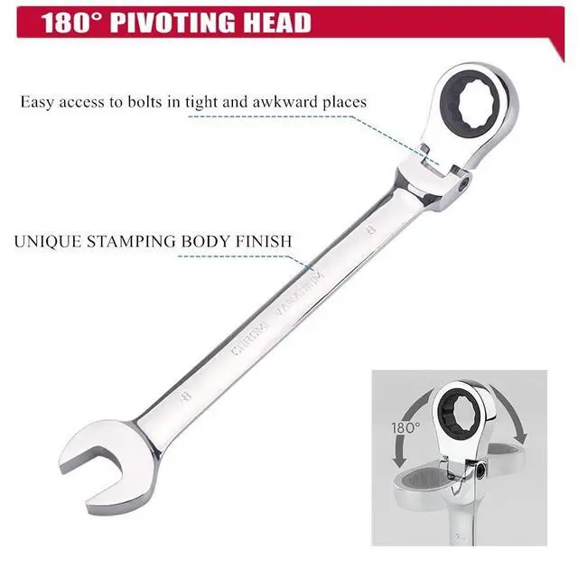 Alt view image 2 of 4 - 8mm Metric Flex-Head Ratchet Wrench,Box End Head 72-Tooth Ratcheting Combination Wrench Spanner