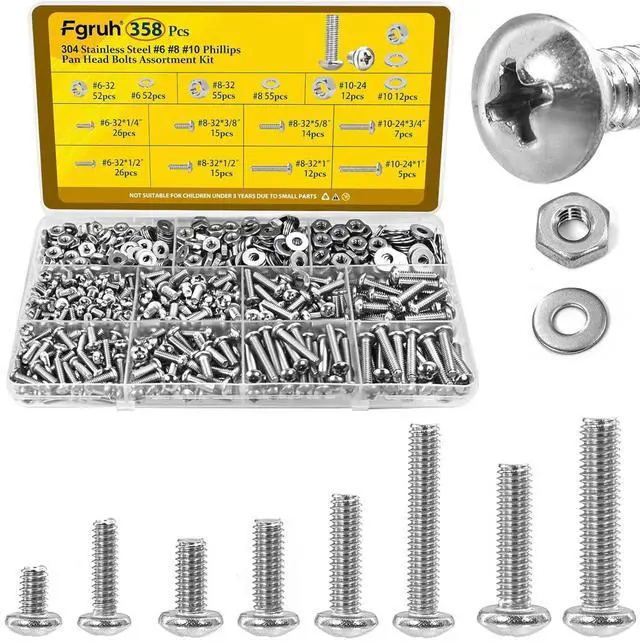 Main image of 358PCS #6-32#8-32#10-24 Pan Head Machine Screws Nuts Assortment Kit | 1/4'', 3/8'', 1/2'', 5/8'', 3/4'', 1'' , Phillips Pan Head Machine Bolts Nut & Flat Washers Assorted Set, 304 Stainless Steel