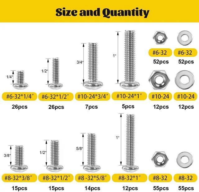 Alt view image 2 of 7 - 358PCS #6-32#8-32#10-24 Pan Head Machine Screws Nuts Assortment Kit | 1/4'', 3/8'', 1/2'', 5/8'', 3/4'', 1'' , Phillips Pan Head Machine Bolts Nut & Flat Washers Assorted Set, 304 Stainless Steel