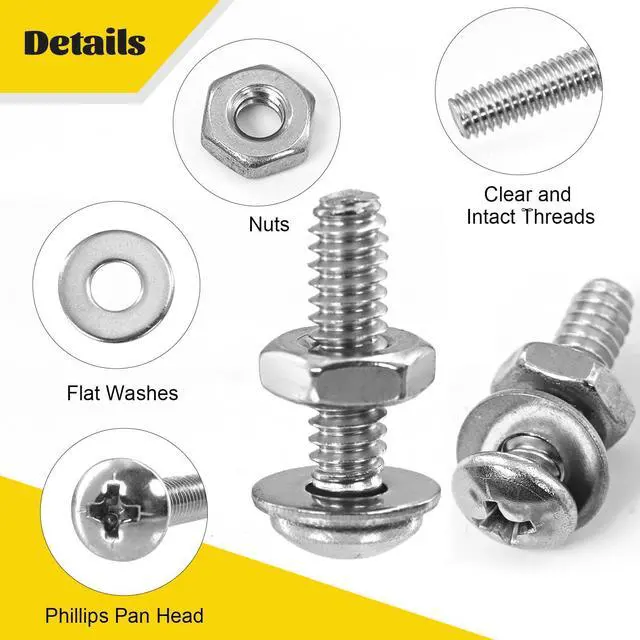 Alt view image 3 of 7 - 358PCS #6-32#8-32#10-24 Pan Head Machine Screws Nuts Assortment Kit | 1/4'', 3/8'', 1/2'', 5/8'', 3/4'', 1'' , Phillips Pan Head Machine Bolts Nut & Flat Washers Assorted Set, 304 Stainless Steel