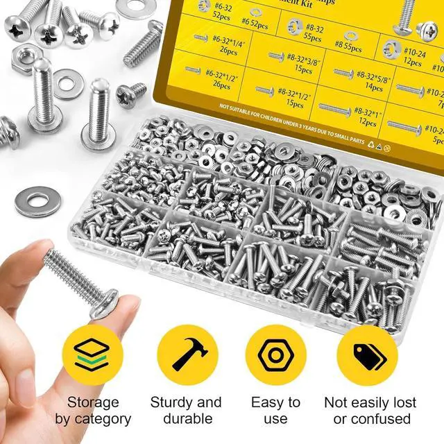 Alt view image 6 of 7 - 358PCS #6-32#8-32#10-24 Pan Head Machine Screws Nuts Assortment Kit | 1/4'', 3/8'', 1/2'', 5/8'', 3/4'', 1'' , Phillips Pan Head Machine Bolts Nut & Flat Washers Assorted Set, 304 Stainless Steel