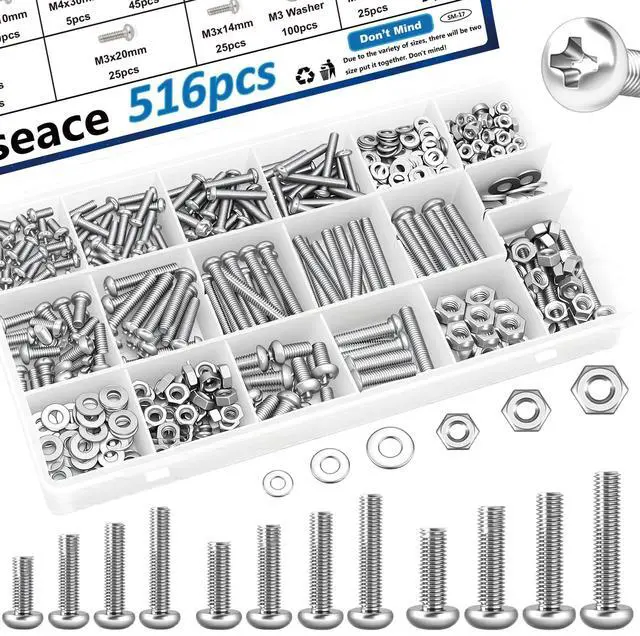 Main image of 516Pcs Nuts and Bolts Assortment Kit 21-Sizes M3/M4/M5/M6 Nut Bolt Washer Assortment Kit for Machinery, Furniture, Automotive, Motorcycle Repairs