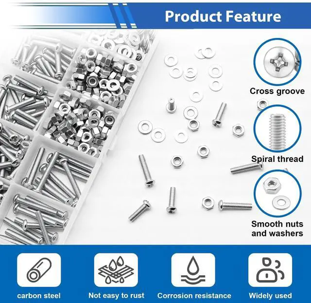Alt view image 3 of 6 - 516Pcs Nuts and Bolts Assortment Kit 21-Sizes M3/M4/M5/M6 Nut Bolt Washer Assortment Kit for Machinery, Furniture, Automotive, Motorcycle Repairs