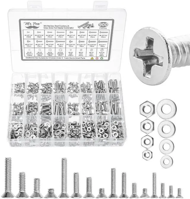 Main image of Nuts and Bolts Assortment Kit, 900 pcs, Stainless Steel | Phillips Flat Head Assorted Nuts and Bolts, Nut Bolt and Washer Assortment