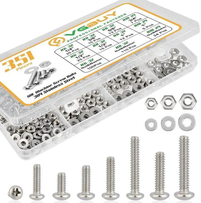Main image of 351Pcs Machine Screws Nuts and Bolts Assortment Kit, # 6-32# 8-32# 10-24 Phillips Pan Head Assorted 304 Stainless Steel Bolts Nuts Flat Washers Bolts with Case