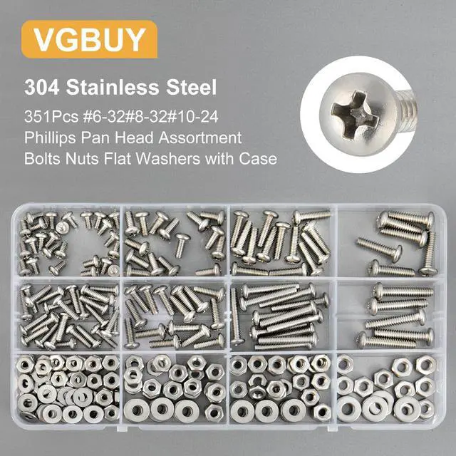 Alt view image 5 of 7 - 351Pcs Machine Screws Nuts and Bolts Assortment Kit, # 6-32# 8-32# 10-24 Phillips Pan Head Assorted 304 Stainless Steel Bolts Nuts Flat Washers Bolts with Case