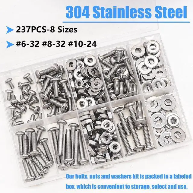 Alt view image 3 of 6 - Nuts and Bolts Assortment Kit, 304 Stainless Steel Bolts 8 Sizes #6-32#8-32#10-24 Phillips Pan Head Machine Screws, Assorted Bolts, Nuts and Washers Kit (237PCS)