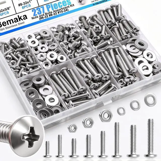 Main image of Nuts and Bolts Assortment Kit, 304 Stainless Steel Bolts 8 Sizes #6-32#8-32#10-24 Phillips Pan Head Machine Screws, Assorted Bolts, Nuts and Washers Kit (237PCS)