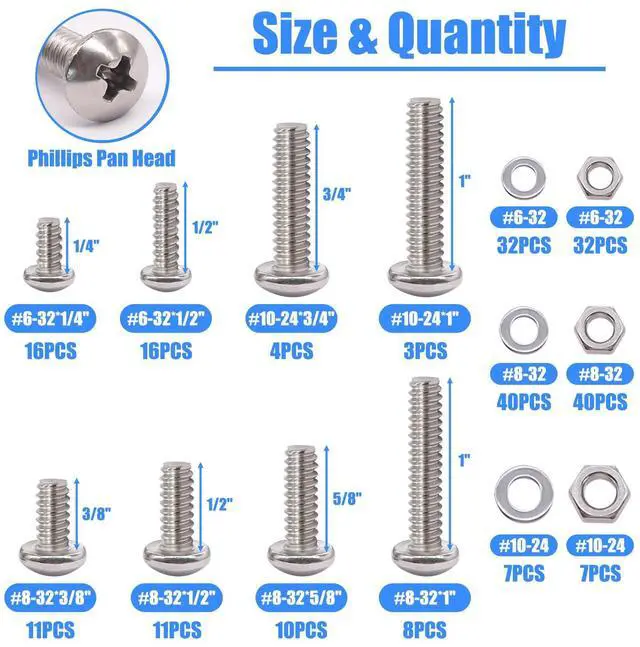 Alt view image 2 of 6 - Nuts and Bolts Assortment Kit, 304 Stainless Steel Bolts 8 Sizes #6-32#8-32#10-24 Phillips Pan Head Machine Screws, Assorted Bolts, Nuts and Washers Kit (237PCS)