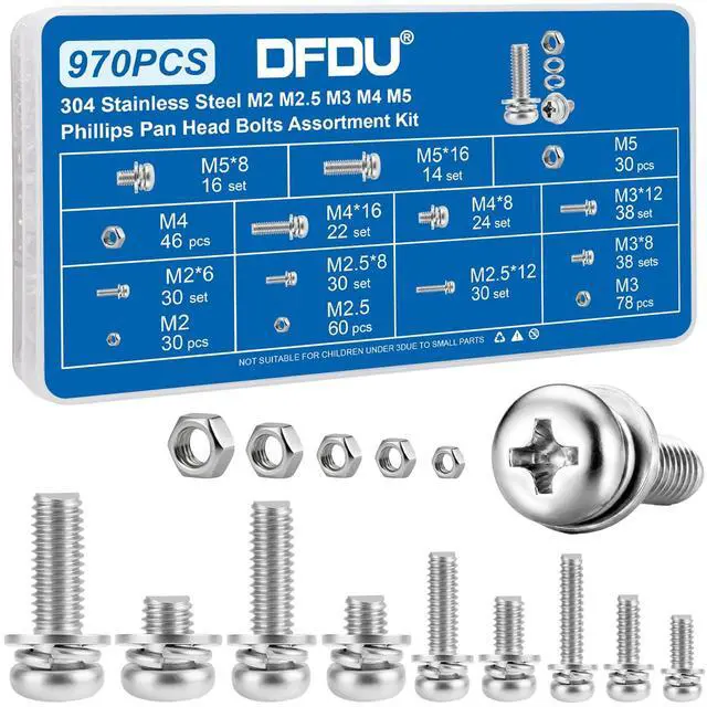 Main image of 970PCS Machine Screws Assortment Kit Phillips Pan Head 304 SS M2-M5 | Rust-proof M2-M5 metric bolts & nuts for home repair. Fixed washers save time. For DIY, furniture, appliances and outdoors