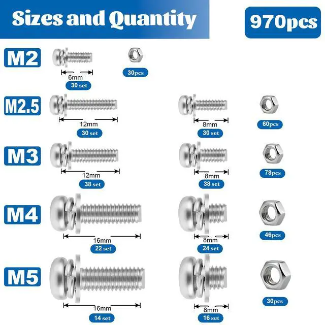 Alt view image 2 of 7 - 970PCS Machine Screws Assortment Kit Phillips Pan Head 304 SS M2-M5 | Rust-proof M2-M5 metric bolts & nuts for home repair. Fixed washers save time. For DIY, furniture, appliances and outdoors