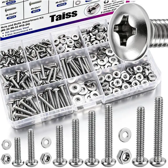 Main image of Machine Screws Nuts and Bolts Assortment Kit,304 Stainless Steel Bolts and Nuts Kit,#6-32#8-32#10-24 8 Sizes Phillips Pan Head Bolt and Nut & Washers,237PCS Machine Screw Assortment