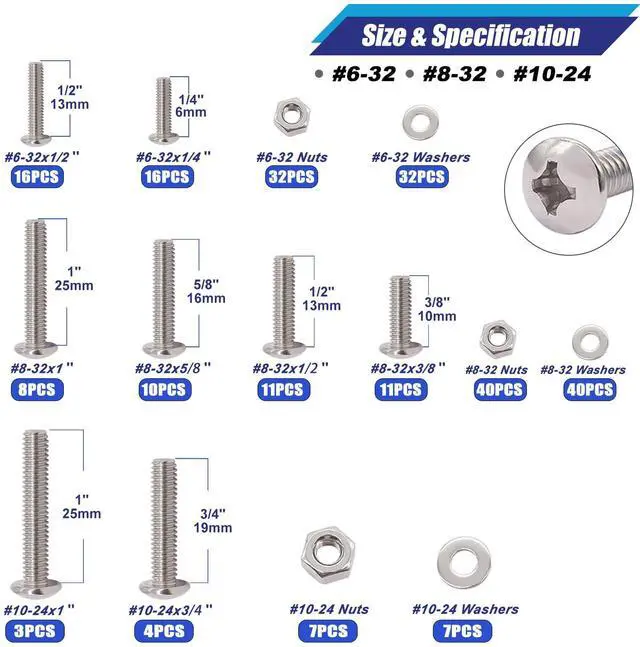 Alt view image 2 of 6 - Machine Screws Nuts and Bolts Assortment Kit,304 Stainless Steel Bolts and Nuts Kit,#6-32#8-32#10-24 8 Sizes Phillips Pan Head Bolt and Nut & Washers,237PCS Machine Screw Assortment