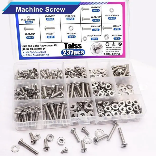 Alt view image 5 of 6 - Machine Screws Nuts and Bolts Assortment Kit,304 Stainless Steel Bolts and Nuts Kit,#6-32#8-32#10-24 8 Sizes Phillips Pan Head Bolt and Nut & Washers,237PCS Machine Screw Assortment