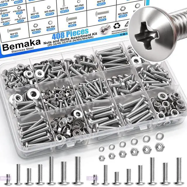 Main image of 408PCS Machine Screws Nuts and Bolts Assortment Kit, 304 Stainless Steel Bolts #6-32#8-32#10-24 M3 M4 M5 Phillips Pan Head Hardware Screw Assortment Kit, Assorted Bolts, Nuts and Washers Kit