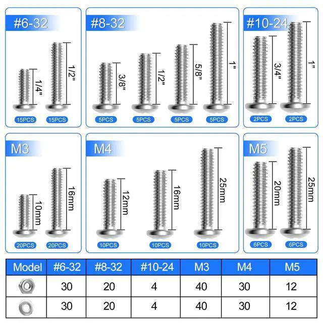 Alt view image 2 of 6 - 408PCS Machine Screws Nuts and Bolts Assortment Kit, 304 Stainless Steel Bolts #6-32#8-32#10-24 M3 M4 M5 Phillips Pan Head Hardware Screw Assortment Kit, Assorted Bolts, Nuts and Washers Kit