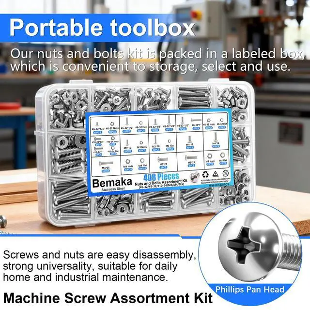Alt view image 5 of 6 - 408PCS Machine Screws Nuts and Bolts Assortment Kit, 304 Stainless Steel Bolts #6-32#8-32#10-24 M3 M4 M5 Phillips Pan Head Hardware Screw Assortment Kit, Assorted Bolts, Nuts and Washers Kit