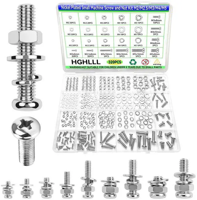 Main image of 320 Pcs Small Metric Machine Screws Assortment Kit - M2/M2.5/M3/M4/M5 Assorted Nuts and Bolts, Lock & Flat Washers for Electronics, RC Models, DIY Projects