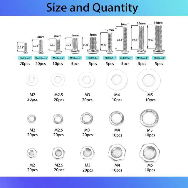 Alt view image 3 of 7 - 320 Pcs Small Metric Machine Screws Assortment Kit - M2/M2.5/M3/M4/M5 Assorted Nuts and Bolts, Lock & Flat Washers for Electronics, RC Models, DIY Projects