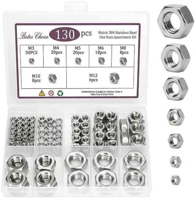 Main image of Metric Hex Nuts Assortment Kit, 7 Sizes, 130 pcs, Stainless Steel, M3 M4 M5 M6 M8 M10 M12, Hardware Nuts