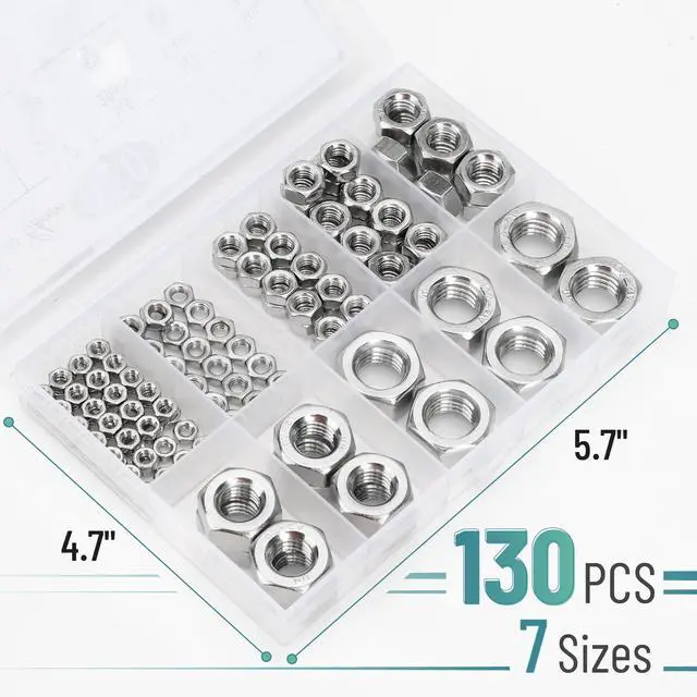 Alt view image 2 of 6 - Metric Hex Nuts Assortment Kit, 7 Sizes, 130 pcs, Stainless Steel, M3 M4 M5 M6 M8 M10 M12, Hardware Nuts