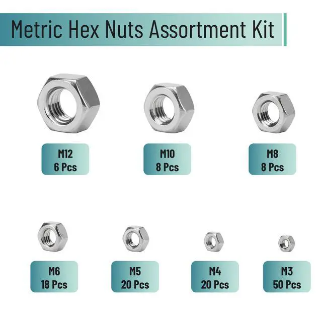 Alt view image 3 of 6 - Metric Hex Nuts Assortment Kit, 7 Sizes, 130 pcs, Stainless Steel, M3 M4 M5 M6 M8 M10 M12, Hardware Nuts