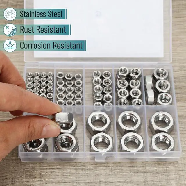 Alt view image 4 of 6 - Metric Hex Nuts Assortment Kit, 7 Sizes, 130 pcs, Stainless Steel, M3 M4 M5 M6 M8 M10 M12, Hardware Nuts