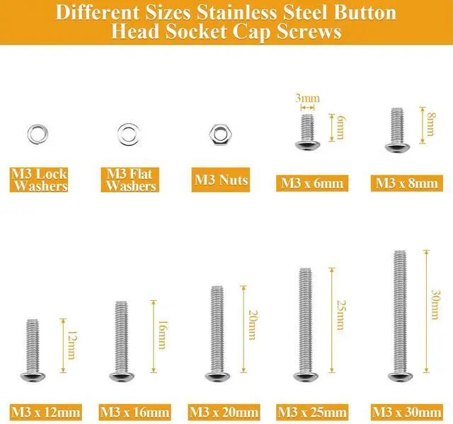 Alt view image 3 of 7 - 546 Pieces M3 Screws Nuts Washers Set, M3 x 6/8/12/16/20/25/30mm Button Head Socket Cap Screws Nuts Washers Assortment Kit, 304 Stainless Steel, Fully Threaded