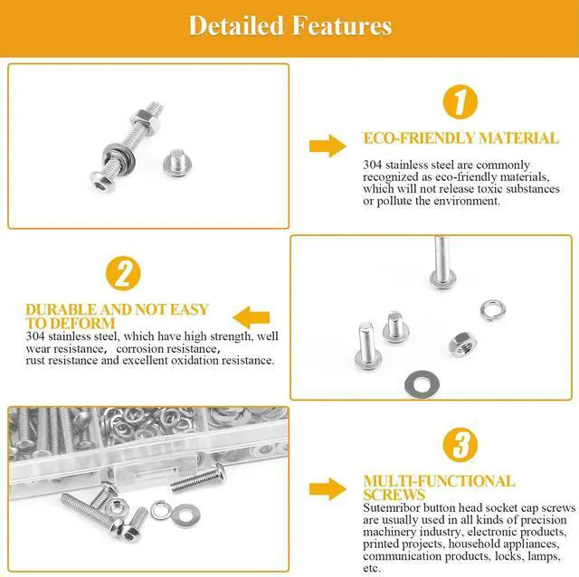 Alt view image 4 of 7 - 546 Pieces M3 Screws Nuts Washers Set, M3 x 6/8/12/16/20/25/30mm Button Head Socket Cap Screws Nuts Washers Assortment Kit, 304 Stainless Steel, Fully Threaded