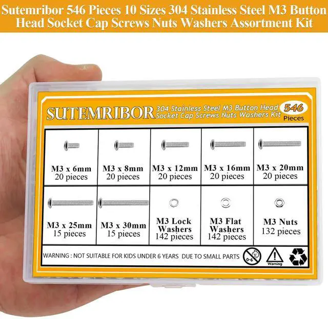Alt view image 5 of 7 - 546 Pieces M3 Screws Nuts Washers Set, M3 x 6/8/12/16/20/25/30mm Button Head Socket Cap Screws Nuts Washers Assortment Kit, 304 Stainless Steel, Fully Threaded