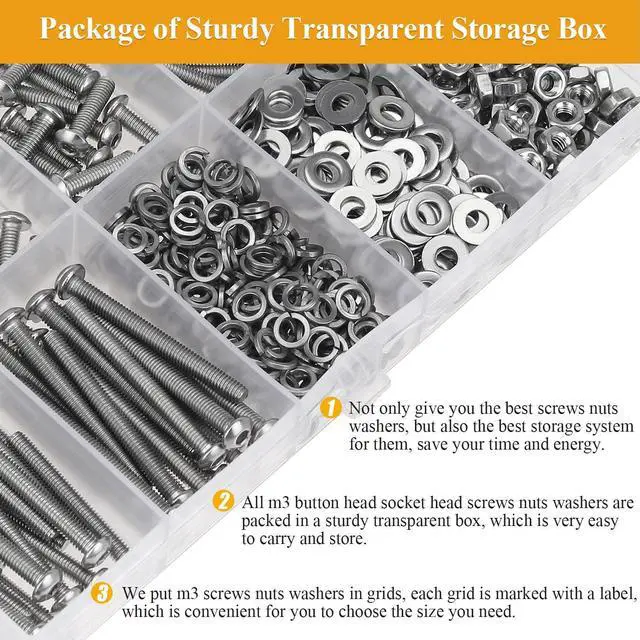 Alt view image 6 of 7 - 546 Pieces M3 Screws Nuts Washers Set, M3 x 6/8/12/16/20/25/30mm Button Head Socket Cap Screws Nuts Washers Assortment Kit, 304 Stainless Steel, Fully Threaded