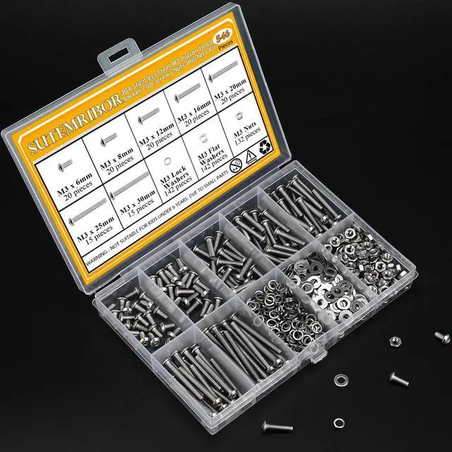 Alt view image 7 of 7 - 546 Pieces M3 Screws Nuts Washers Set, M3 x 6/8/12/16/20/25/30mm Button Head Socket Cap Screws Nuts Washers Assortment Kit, 304 Stainless Steel, Fully Threaded