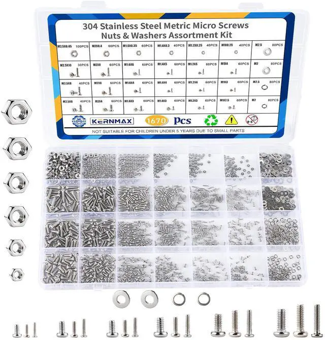 Main image of 1670Pcs 304 Stainless Steel Metric Micro Screws Nuts Assortment Kit, M1 M1.2 M1.4 M1.6 M2 M2.5 Sizes, Phillips Pan Head Small Machine Screws for Arduino, Electronics, RC Models, DIY Projects