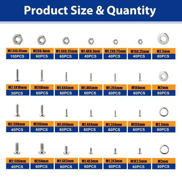 Alt view image 2 of 7 - 1670Pcs 304 Stainless Steel Metric Micro Screws Nuts Assortment Kit, M1 M1.2 M1.4 M1.6 M2 M2.5 Sizes, Phillips Pan Head Small Machine Screws for Arduino, Electronics, RC Models, DIY Projects