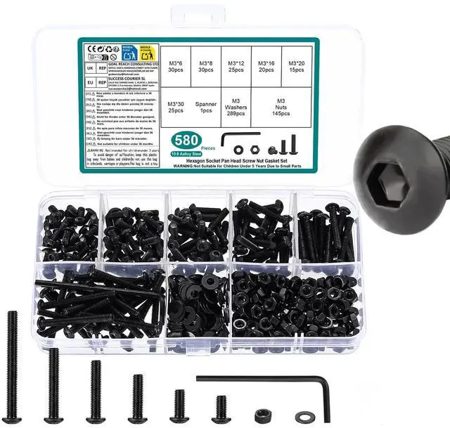 Main image of 580 PCS M3 Screws Assortment Kit, Hex Button Head Screws with M3 Bolts Set | 10.9 grade m3 hex socket head cap screws nuts washers kitBlack, Metric Machine Screw Bolt Assortment Kit