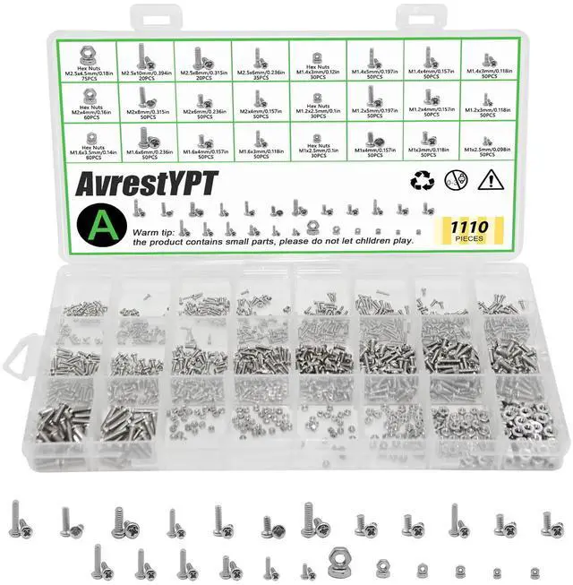 Main image of 1110Pcs Metric Micro Screws & Nuts Kit, M1 M1.2 M1.4 M1.6 M2 M2.5 | 304 Stainless Steel Phillips Pan Head Screws, Fully Threaded for Arduino, RC Models, Electronics & DIY Projects
