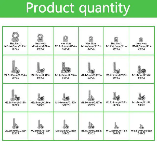 Alt view image 2 of 7 - 1110Pcs Metric Micro Screws & Nuts Kit, M1 M1.2 M1.4 M1.6 M2 M2.5 | 304 Stainless Steel Phillips Pan Head Screws, Fully Threaded for Arduino, RC Models, Electronics & DIY Projects