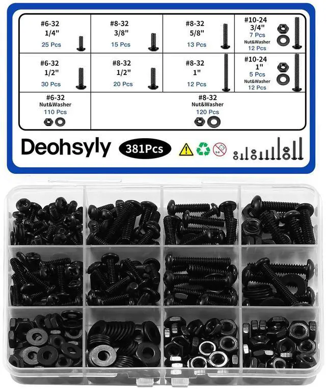 Main image of 381Pcs Machine Screws Nuts and Bolts Assortment Kit, #6-32/#8-32/#10-24 Phillips Pan Head Assorted Black Oxide 304 Stainless Steel Bolts & Nuts & Flat Washers, with Case