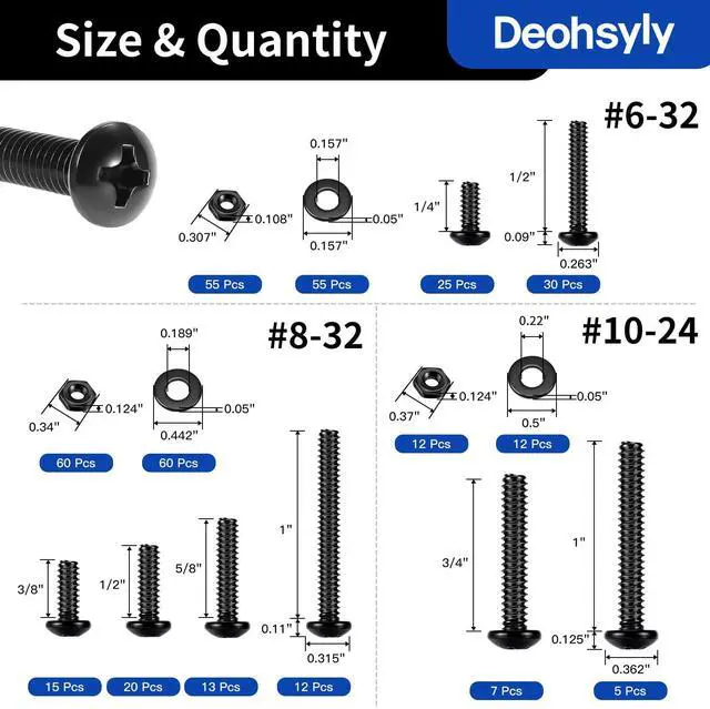 Alt view image 2 of 7 - 381Pcs Machine Screws Nuts and Bolts Assortment Kit, #6-32/#8-32/#10-24 Phillips Pan Head Assorted Black Oxide 304 Stainless Steel Bolts & Nuts & Flat Washers, with Case