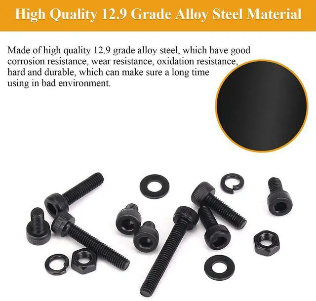 Alt view image 2 of 7 - 565 Pieces M3 Screws Nuts Washers Set Black, M3 x 4/6/8/10/12/16/20mm Hex Socket Head Cap Screws Nuts Washers Assortment Kit, 12.9 Grade Alloy Steel, Fully Threaded