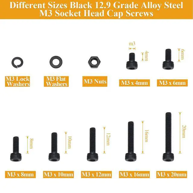 Alt view image 3 of 7 - 565 Pieces M3 Screws Nuts Washers Set Black, M3 x 4/6/8/10/12/16/20mm Hex Socket Head Cap Screws Nuts Washers Assortment Kit, 12.9 Grade Alloy Steel, Fully Threaded