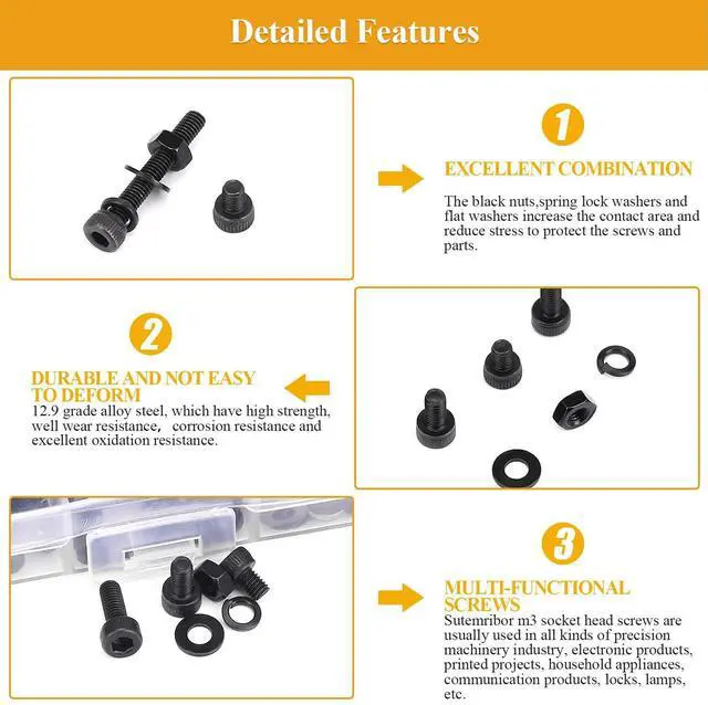Alt view image 4 of 7 - 565 Pieces M3 Screws Nuts Washers Set Black, M3 x 4/6/8/10/12/16/20mm Hex Socket Head Cap Screws Nuts Washers Assortment Kit, 12.9 Grade Alloy Steel, Fully Threaded