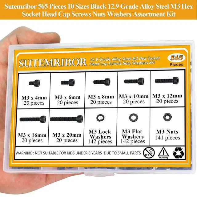 Alt view image 5 of 7 - 565 Pieces M3 Screws Nuts Washers Set Black, M3 x 4/6/8/10/12/16/20mm Hex Socket Head Cap Screws Nuts Washers Assortment Kit, 12.9 Grade Alloy Steel, Fully Threaded