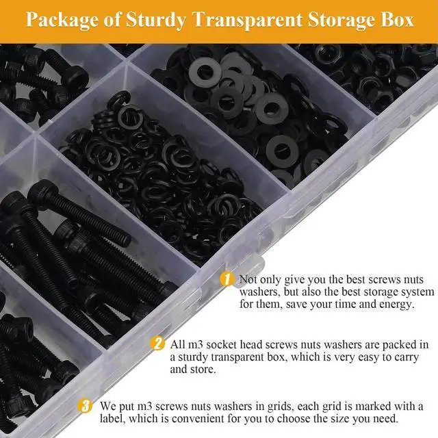 Alt view image 6 of 7 - 565 Pieces M3 Screws Nuts Washers Set Black, M3 x 4/6/8/10/12/16/20mm Hex Socket Head Cap Screws Nuts Washers Assortment Kit, 12.9 Grade Alloy Steel, Fully Threaded