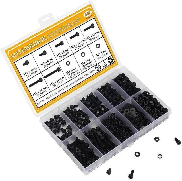 Alt view image 7 of 7 - 565 Pieces M3 Screws Nuts Washers Set Black, M3 x 4/6/8/10/12/16/20mm Hex Socket Head Cap Screws Nuts Washers Assortment Kit, 12.9 Grade Alloy Steel, Fully Threaded