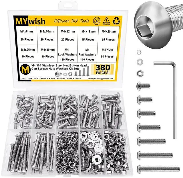 Main image of 380 Pcs M4 Screw Nuts and Bolts Assortment Kit, 304 Stainless Steel Button Head Socket Cap Metric Screws Bolts, Spring & Flat Lock Washers/Nuts/Hex Wrenches, M4*8/10/12/16/20/25/30