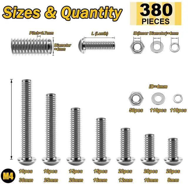 Alt view image 3 of 7 - 380 Pcs M4 Screw Nuts and Bolts Assortment Kit, 304 Stainless Steel Button Head Socket Cap Metric Screws Bolts, Spring & Flat Lock Washers/Nuts/Hex Wrenches, M4*8/10/12/16/20/25/30